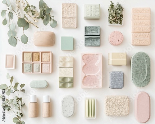Set of flat lay of pastel-colored eco-friendly skincare products