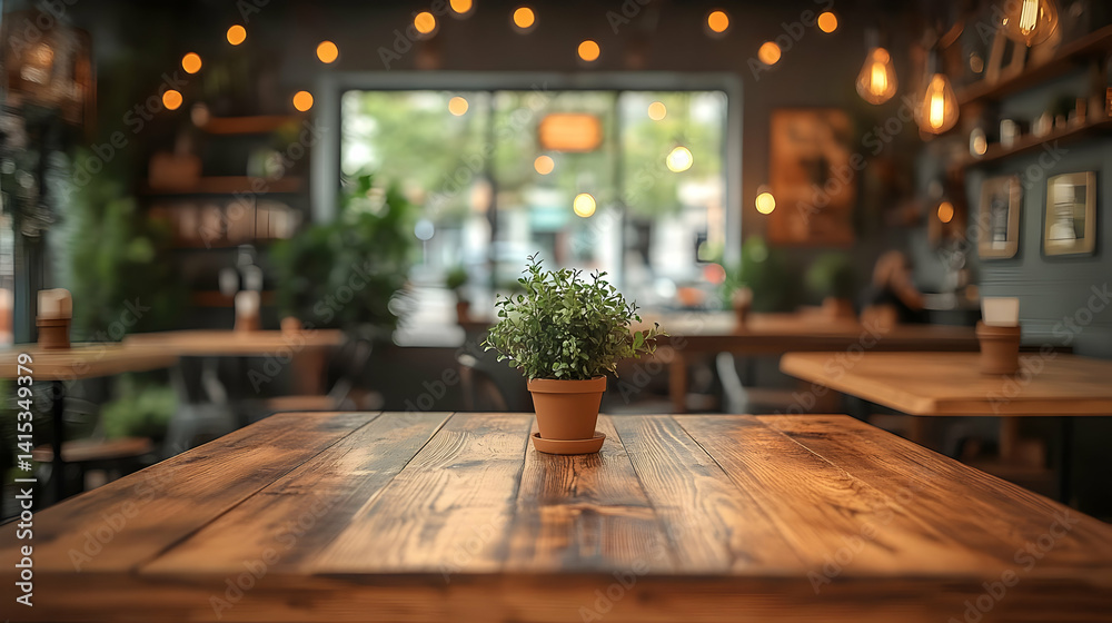 Rustic Cafe Interior with Wooden Table and Potted Plant Rustic Cafe Interior with Wooden Table and Potted Plant