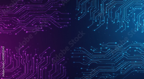 Abstract circuit board illustration with blue and purple color gradient background.