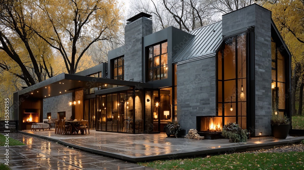 Modern Architecture of Stylish House Surrounded by Nature in Autumn
