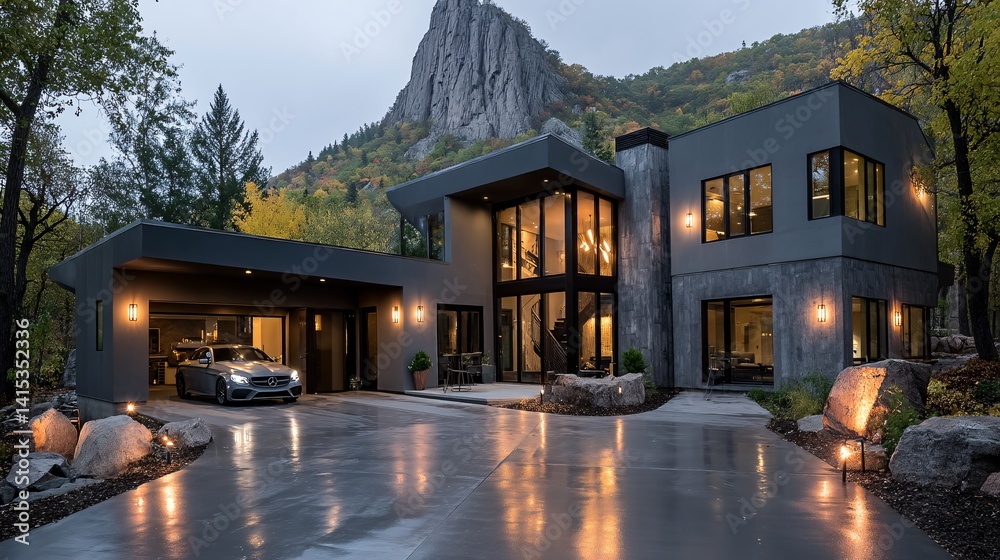 Modern House Design with Mountain View and Sleek Car in Driveway