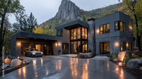 Obraz na płótnie Modern House Design with Mountain View and Sleek Car in Driveway w salonie