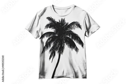 Stylish white t shirt featuring a bold black palm tree graphic design perfect for summer A tropical escape for your wardrobe High quality on transparent background photo
