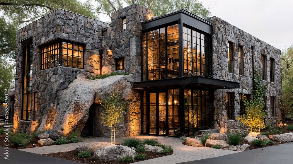 Modern Stone House with Glass Elements and Natural Surroundings
