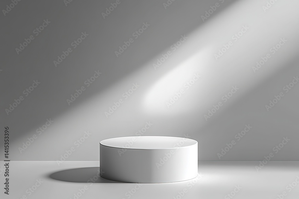 Fototapeta premium Clean White Cylinder Podium Stage with Soft Sunlight and Shadows on Gray Background