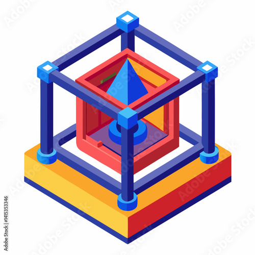 Isometric Structure With Geometric Shapes Cube Frame Cone And Cylinder Design