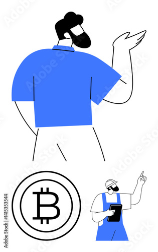 Confident man gesturing, construction worker using tablet, and Bitcoin icon combining technology, finance, and work. Ideal for innovation, cryptocurrency, professions, teamwork digital economy