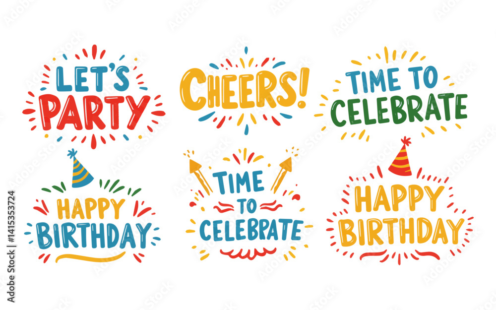 Fototapeta premium Six vibrant graphics with celebratory phrases like 