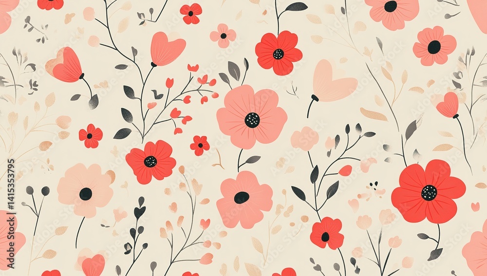 Seamless Floral Pattern of Red, Pink Flowers on Creamy Background, Botanical Texture Seamless Floral Pattern of Red, Pink Flowers on Creamy Background, Botanical Texture