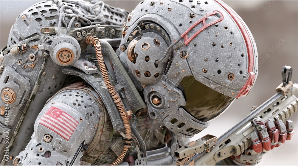 Futuristic astronaut in detailed space suit with weapon and gear