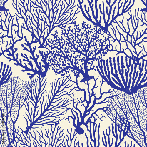 Seamless hand drawn pattern with various coral reef shapes. Vector blue illustration on ivory background