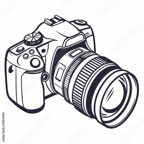 Detailed Line Art Illustration Of Modern Digital Single Lens Reflex Camera