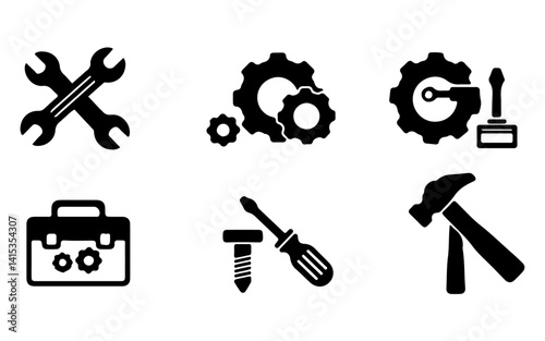 Repair tools icon set in black and white, including wrench, gear, toolbox, screwdriver, hammer, with clean and minimalistic vector design