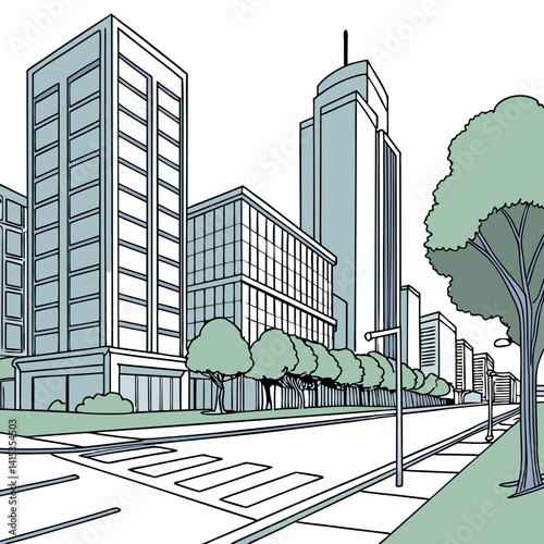 Cityscape Illustration Featuring Modern Buildings Trees And Pedestrian Crossing