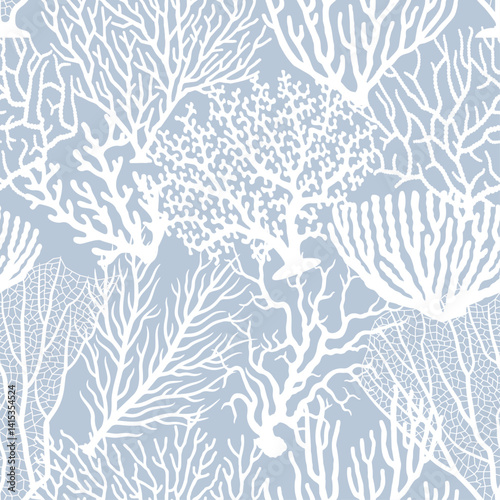Coral marine seamless pattern. Vector Square Texture in gentle colors White and Blue Colors