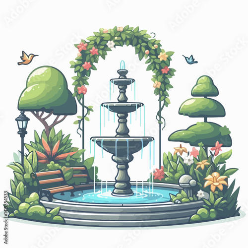 vector illustration of a garden with a faountain 
