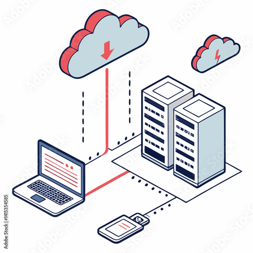 Isometric Cloud Computing Servers Laptop Data Transfer Connection Concept Illustration