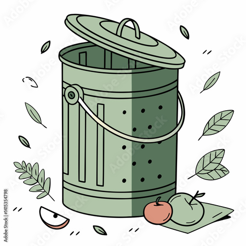 Green Compost Bin With Leaves And Apples Fresh Garden Waste