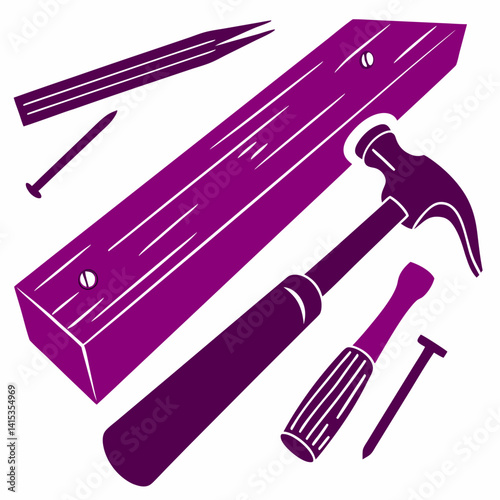 Carpentry Hand Tools Illustration With Hammer Screwdriver And Wood Plank