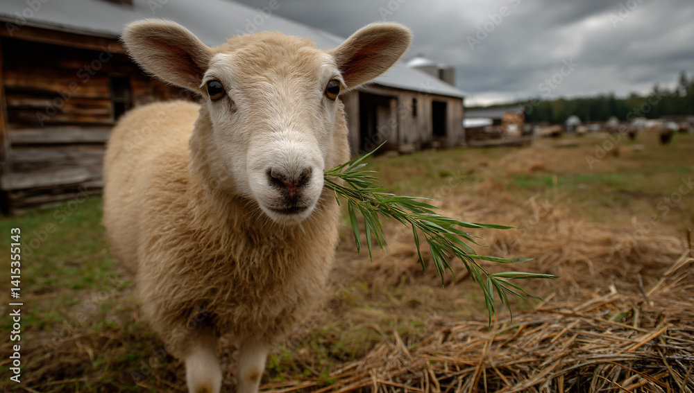 Fototapeta premium A curious young sheep, its fleece a light beige, gazes intently at the camera, a sprig of green grass held gently in its mouth. The rustic barn provides a charming backdrop.
