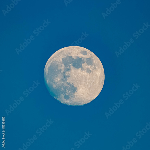 Obraz na płótnie Detailed megazoom (600mm) winter view of the moon with craters during daytime with blue sky w salonie