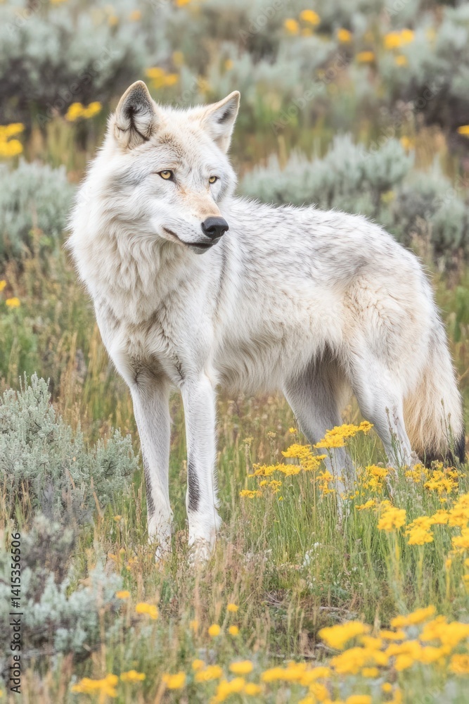 Fototapeta premium Majestic white wolf amidst wildflowers