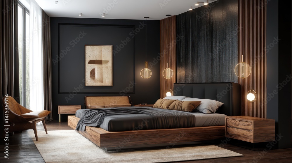 Fototapeta premium Modern bedroom interior with stylish decor and lighting