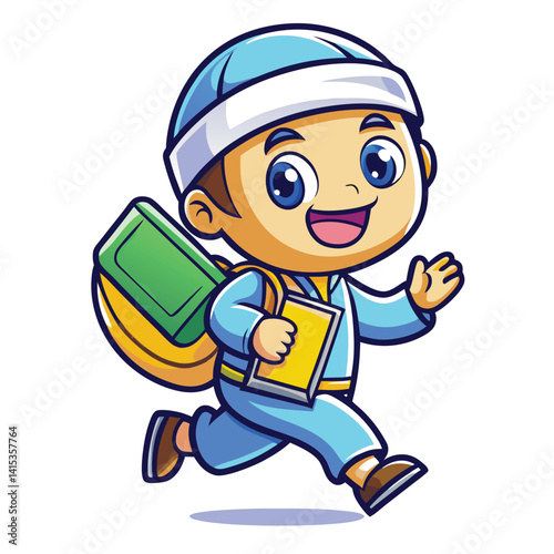 Happy boy going to school with books