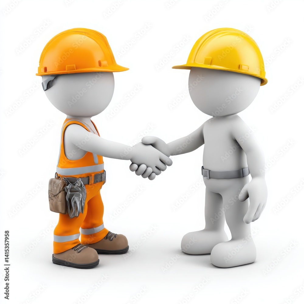 Depiction of construction workers shaking hands wearing hard hats and work gear Depiction of construction workers shaking hands wearing hard hats and work gear