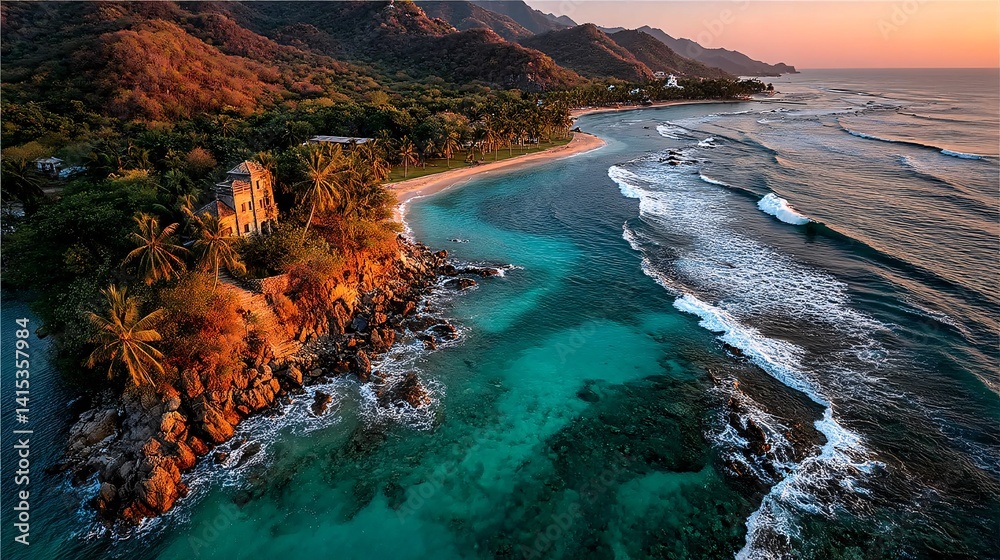 Serene Tropical Paradise with Waves and Rocky Coastline at Sunset