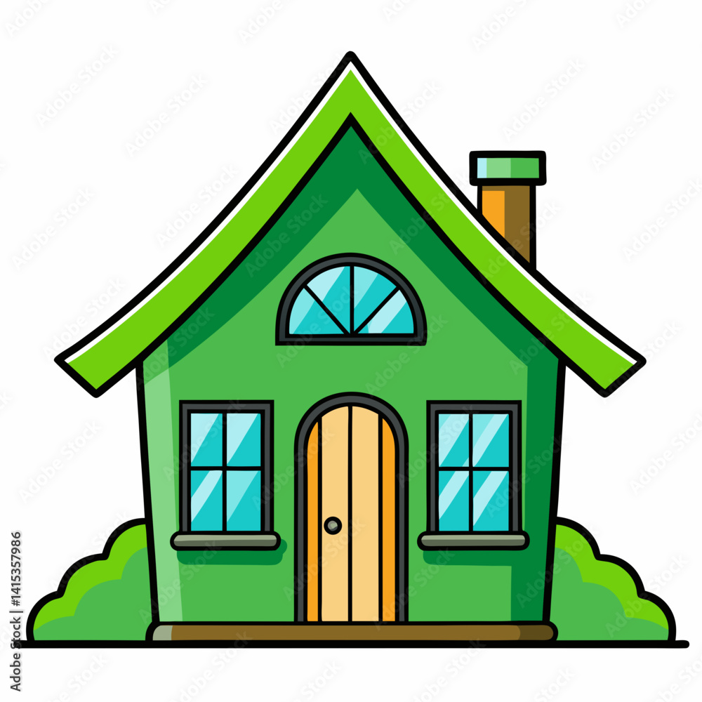 Cute Green Cartoon House Illustration With Garden And Detailed Outline Style Cute Green Cartoon House Illustration With Garden And Detailed Outline Style