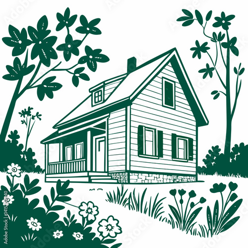 Charming House In A Verdant Garden Hand Drawn Vector Illustration