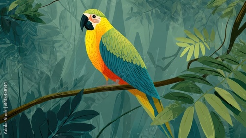Vibrant parrot perched amidst a lush rainforest. photo