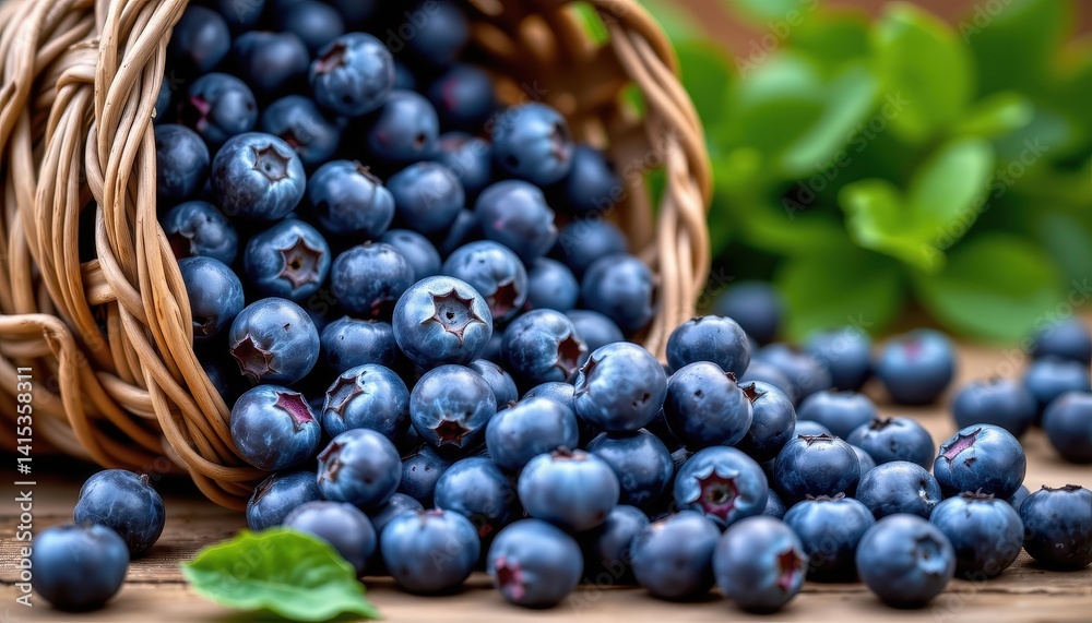 Plump blueberries spill from a rustic woven basket onto a wood surface, vibrant greenery behind Plump blueberries spill from a rustic woven basket onto a wood surface, vibrant greenery behind