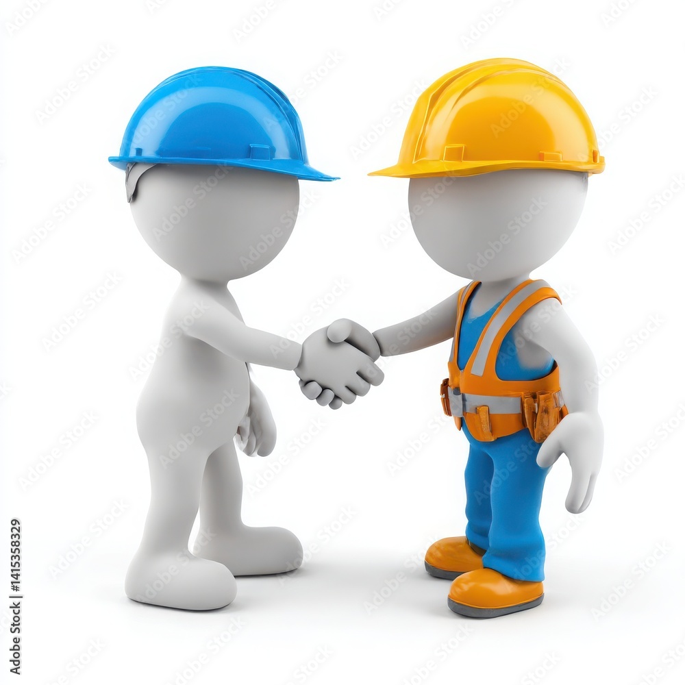Figures wearing hard hats shaking hands on a white plain studio background shot Figures wearing hard hats shaking hands on a white plain studio background shot
