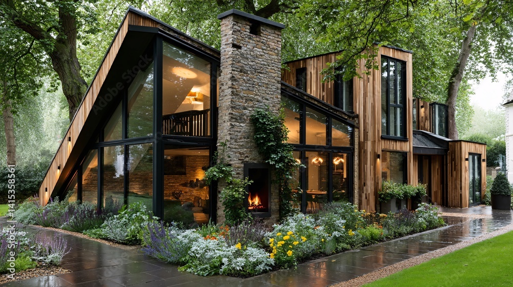 Modern Eco-Friendly House Surrounded by Lush Greenery and Flowers