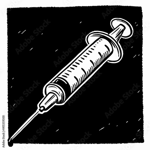 Monochromatic Syringe Illustration Needle And Medicine Injection With Black Background