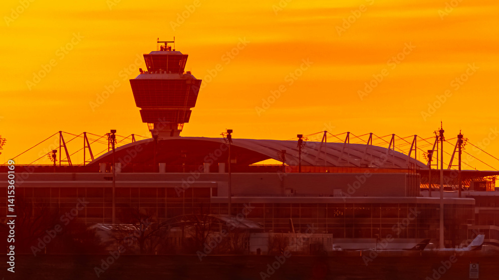 Summer sunset or sundowner view at Munich airport, MUC, Freising, Bavaria, Germany
