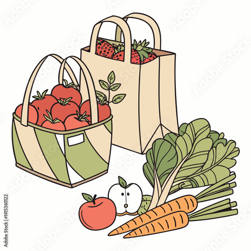 Fresh Groceries In Bags And Baskets With Carrots And Apples Illustration
