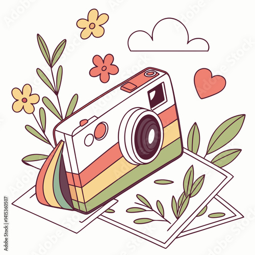 Retro Camera And Flowers With Photos In Vintage Style Minimalist Illustration