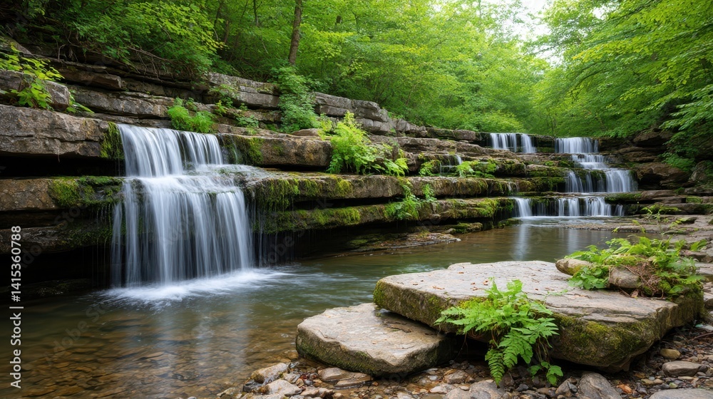 Fototapeta premium Awareness Organic Movement Style. Serene waterfalls cascading over stone in a lush green forest.