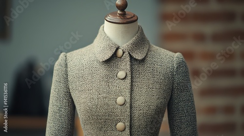 Obraz na płótnie A stylish, textured coat displayed on a mannequin, showcasing classic design elements with large buttons and a sophisticated collar. w salonie