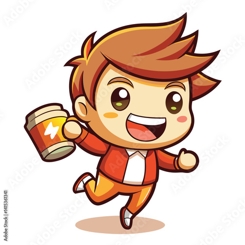 Energetic cartoon character with a drink