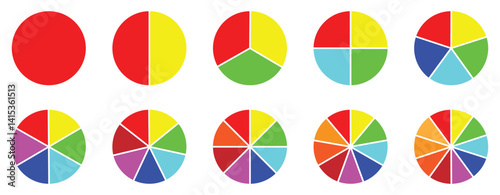 Pie chart set. Colorful diagram collection with 1,2,3,4,5,6,7,8,9,10, sections or steps. Circle icons for Infographic wheel segment and fraction. Vector eps 10