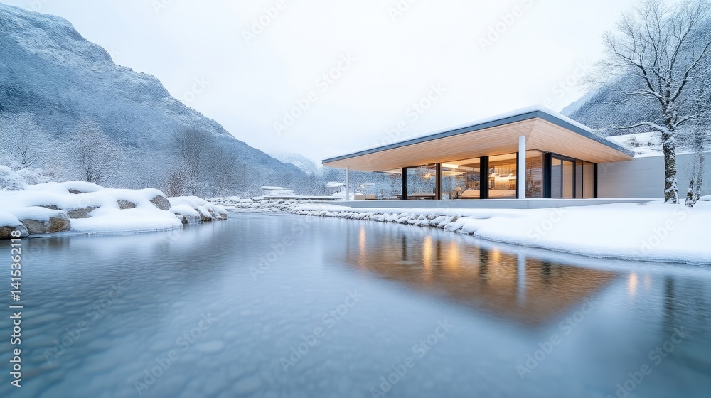 Fototapeta premium Modern chalet nestled beside a tranquil winter river