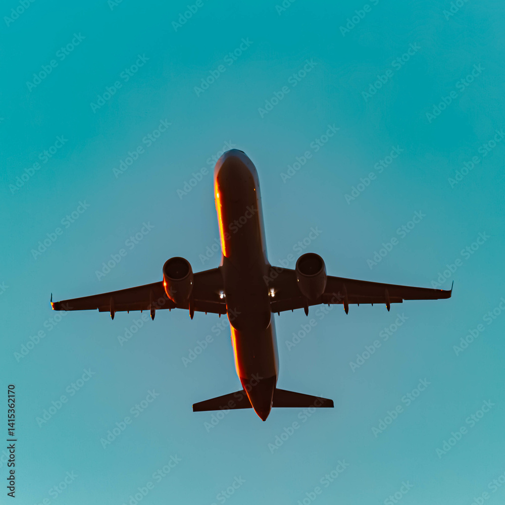 Passenger jet airplane in flight on a sunny summer evening at Munich airport, MUC, Freising, Bavaria, Germany
