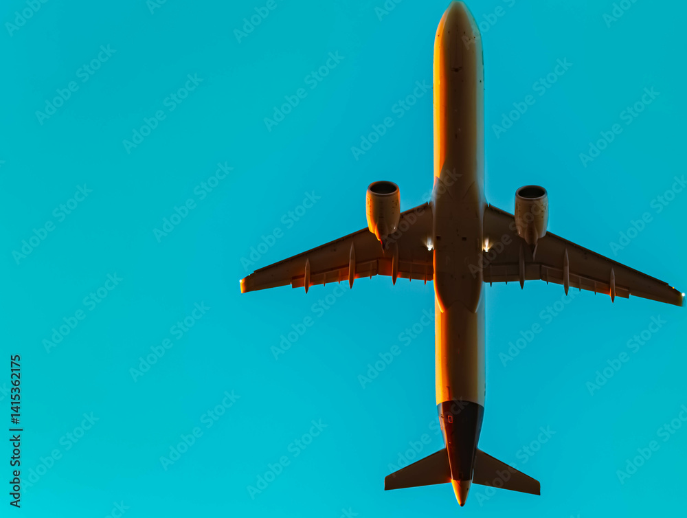 Passenger jet airplane in flight on a sunny summer evening at Munich airport, MUC, Freising, Bavaria, Germany