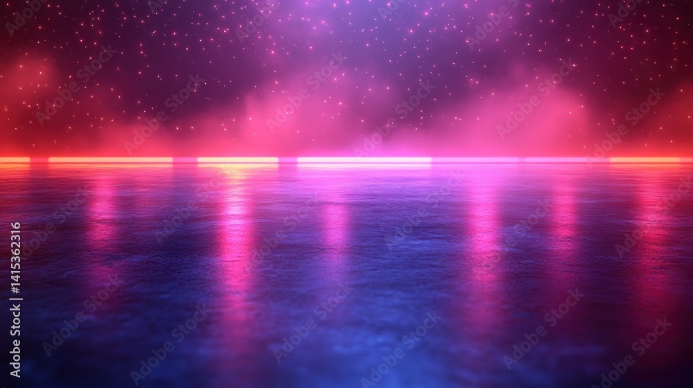 Fototapeta premium Neon lights and mist reflect off a polished floor in a red and purple scene