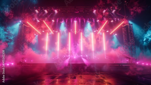 A music festival with a brightly lit stage. AI generative.