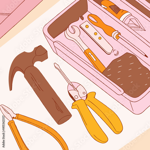 Artistic Tool Box Illustration With Hammer Pliers Screwdrivers And Wrenches